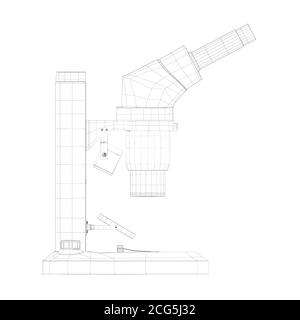 Élément filaire d'un microscope composé de lignes noires isolées sur un fond blanc. Microscope de bureau. Vue latérale. 3D. Illustration vectorielle Illustration de Vecteur