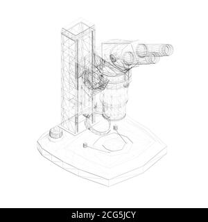 Élément filaire d'un microscope composé de lignes noires isolées sur un fond blanc. Microscope de bureau. Vue isométrique. 3D. Illustration vectorielle Illustration de Vecteur