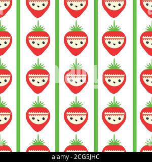 Joli fond de motif vectoriel de fraise kawaii sans couture. Toile de fond avec des visages de dessin animé aux fruits souriants et riant et des bandes alternées Fun Illustration de Vecteur