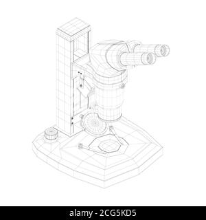 Élément filaire d'un microscope composé de lignes noires isolées sur un fond blanc. Microscope de bureau. Vue isométrique. 3D. Illustration vectorielle Illustration de Vecteur