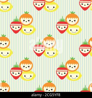 Joli fond de motif vectoriel de fruit kawaii sans couture. Heureux rire des groupes de fraises de dessin animé, oranges citrons sur toile de fond rayée. Amusant Illustration de Vecteur