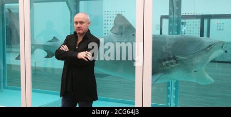 L'artiste Damian Hirst à côté de son œuvre de 1991 « l'impossibilité physique de la mort dans l'esprit de quelqu'un vivant » lors de l'ouverture de son exposition solo au Tate Modern dans le centre de Londres. Banque D'Images