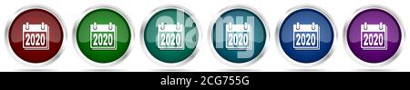 Icônes du nouvel an 2020, ensemble de boutons de toile argentée métallisée et brillante en 6 options de couleur isolées sur fond blanc Banque D'Images