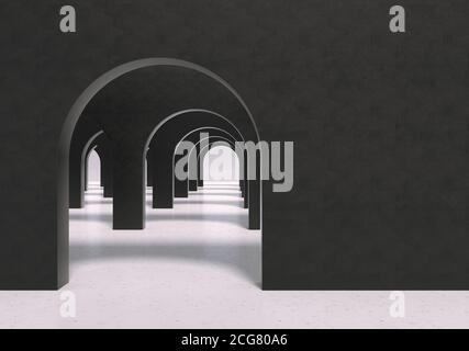 Il y a plein de murs noirs avec des arches rondes sur un sol en marbre blanc. Intérieur noir et blanc. Mur noir avec espace de copie. Rendu 3D. Banque D'Images