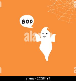 Heureux flying Ghost avec blanc bulle Boo. Visage souriant, les mains. Modèle plat. Illustration de Vecteur