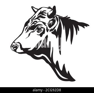 Illustration vectorielle de la tête de taureau de couleur noire isolée sur fond blanc. Image de gabarit de gravure de la vache. Icône élément design pour affiche, t-shirt Illustration de Vecteur