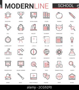 Education scolaire jeu d'illustrations vectorielles d'icône rouge mince avec plan de scolarité ui application mobile collection d'éléments éducatifs pour les élèves et les sujets d'école, symboles d'étude de contour modifiables Illustration de Vecteur