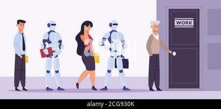 Recrutement humain et robot. Personnes et intelligence artificielle debout dans la ligne d'entrevue d'emploi, illustration de vecteur de concurrence d'emploi Illustration de Vecteur