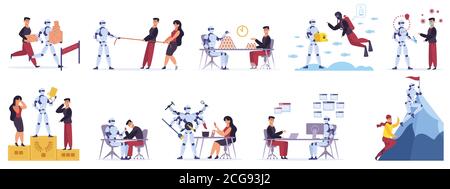 L'homme contre le robot. Intelligence artificielle personne concurrente, robot vs homme, femmes personnages humains, ai remplacer les gens scénario ensemble d'illustration Illustration de Vecteur