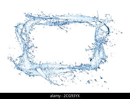 Éclaboussures de rectangle d'eau isolées sur fond blanc. Forme de gros plan abstraite avec espace libre pour le texte. Banque D'Images
