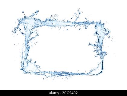 Éclaboussures de rectangle d'eau isolées sur fond blanc. Forme de gros plan abstraite avec espace libre pour le texte. Banque D'Images