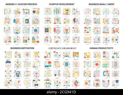 Concept complexe plat abstrait vecteur icônes, design moderne ensemble d'icônes de gestion de l'éducation et du développement, processus de formation et de démarrage d'entreprise d'affaires, motivation pour la productivité humaine Illustration de Vecteur