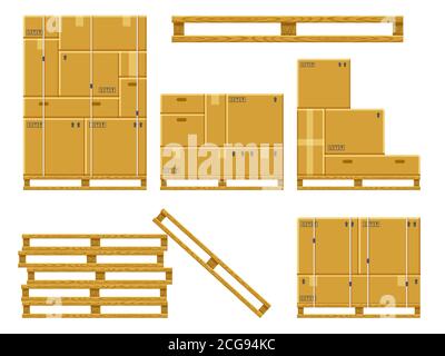 Colonne de caisse. Emballage de livraison de carton boîtes sur palette en bois, emballage en carton empilé, boîtes de stockage d'entrepôt pile vecteur jeu d'illustrations Illustration de Vecteur