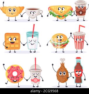 Personnages de nourriture de dessin animé. Mascottes de nourriture, sandwich avec café et beignet, nourriture de rue et boissons mignon personnages scénario ensemble Illustration de Vecteur