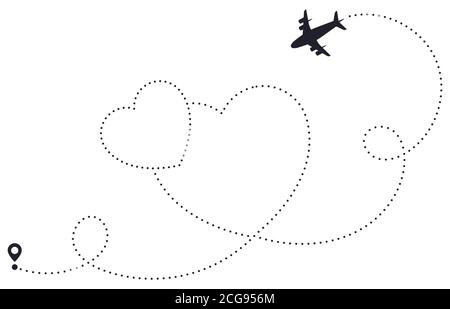 J'adore l'itinéraire de l'avion. Itinéraire en pointillé, carte de destination de la compagnie aérienne, ligne romantique des itinéraires d'avion, illustration du vecteur de chemin de voyage en cœur Illustration de Vecteur