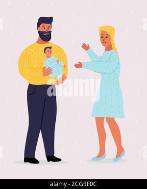 Jeune couple caucasien avec nouveau-né. Le père avec la barbe tient un enfant sur les mains. Maman blonde tient ses mains. Illustration vectorielle de dessin animé isolée Illustration de Vecteur