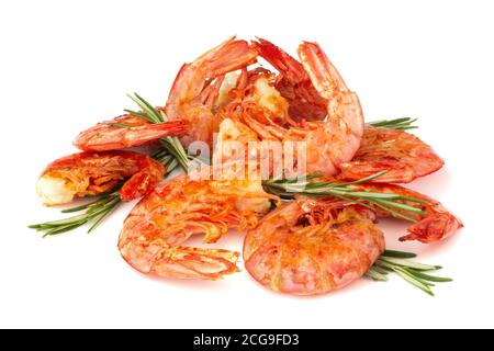 Crevettes géantes frites grillées Langostino aux herbes isolées sur blanc arrière-plan Banque D'Images