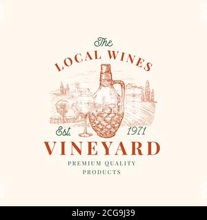 Modèle de logo ou de badge rétro pour les vins locaux Vineyard. Bouteille et verre dessinés à la main et croquis de paysage de ferme de cave de vinification avec Typographie rétro. Esquisse vintage Illustration de Vecteur