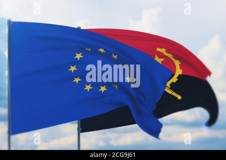 Drapeau de l'Union européenne et drapeau de l'Angola. Vue en gros plan, illustration 3D. Banque D'Images