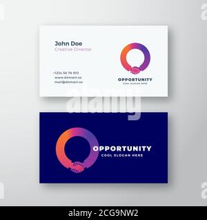 Modèle de carte de visite ou de logo vectoriel de l'opportunité. Hand Shake Incorporated dans Letter O concept. Maquette haut de gamme, papeterie et réalisme Illustration de Vecteur
