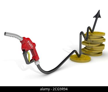 Augmentation du coût du carburant automobile. Pistolet de ravitaillement de voiture avec tuyau sous forme de tableau de croissance avec pièces de roubles russes. Isolé. Illustration 3D Banque D'Images