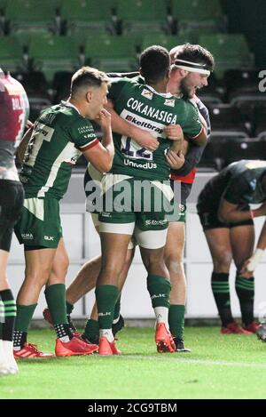 Twickenham, Royaume-Uni. 09e septembre 2020. Ben Donnell, de Londres Irish, a essayé de le faire 12-5 lors du match de rugby Gallagher Premiership entre London Irish et Harlequins à Twickenham Stoop, à Twickenham, en Angleterre, le 9 septembre 2020. Photo de Ken Sparks. Utilisation éditoriale uniquement, licence requise pour une utilisation commerciale. Aucune utilisation dans les Paris, les jeux ou les publications d'un seul club/ligue/joueur. Crédit : UK Sports pics Ltd/Alay Live News Banque D'Images