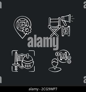Le processus de production de film craie icônes blanches sur fond noir Illustration de Vecteur