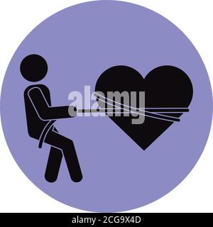 ensemble, personne coeur attaché avec corde romantique relation pictogramme bloc silhouette icône illustration vectorielle Illustration de Vecteur