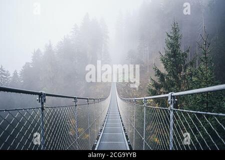 Pont suspendu en métal au-dessus de la belle vallée de la Rabby dans le brouillard quelque part dans le nord de l'Italie au début de l'automne. Banque D'Images