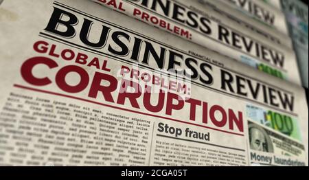 Corruption dans les affaires problème global, mettre fin à la fraude et blanchiment d'argent nouvelles. Journal quotidien imprimé. Papier vintage presse presse presse production résumé conc Banque D'Images