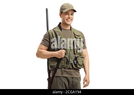 Homme chasseur avec un fusil de chasse sur son épaule isolé sur arrière-plan blanc Banque D'Images
