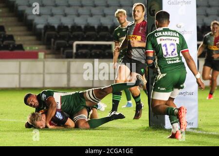 Twickenham, Royaume-Uni. 09e septembre 2020. SCOTT STEELE, de Harlequins, a tenté de le faire 15-22 lors du match de rugby Gallagher Premiership entre London Irish et Harlequins à Twickenham Stoop, Twickenham, Angleterre, le 9 septembre 2020. Photo de Ken Sparks. Utilisation éditoriale uniquement, licence requise pour une utilisation commerciale. Aucune utilisation dans les Paris, les jeux ou les publications d'un seul club/ligue/joueur. Crédit : UK Sports pics Ltd/Alay Live News Banque D'Images