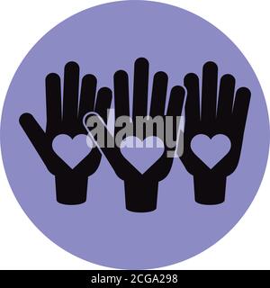 ensemble, les mains montrant les coeurs dans les paumes relation sympathique pictogramme bloc silhouette icône illustration vectorielle Illustration de Vecteur