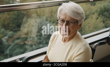 Portrait d'une femme âgée à cheveux gris avec lunettes dans le fauteuil roulant devant la fenêtre. Photo de haute qualité Banque D'Images