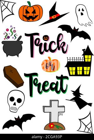 Trick or Treat affiche des icônes en couleur le jour d'Halloween Illustration de Vecteur