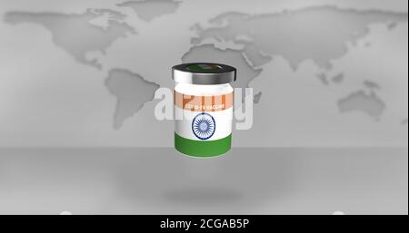 Illustration 3D d'un flacon de vaccin avec le drapeau de l'Inde devant la carte du monde gris clair. Banque D'Images