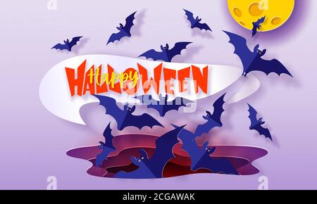 Joyeux Halloween avec des chauves-souris volantes. Style moderne de coupe de papier. Modèle pour fête d'halloween. Illustration vectorielle Illustration de Vecteur