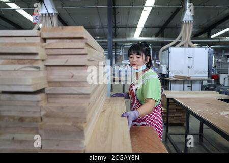 Suifenhe. 9 septembre 2020. Un employé travaille à un atelier d'une entreprise de transformation du bois dans la sous-région de Suifenhe de la zone pilote de libre-échange (FTZ) de Heilongjiang, dans la province de Heilongjiang, dans le nord-est de la Chine, le 9 septembre 2020. Couvrant une superficie de 19.99 kilomètres carrés, la sous-zone de Suifenhe de la zone pilote de libre-échange de Heilongjiang (FTZ) a atteint cette année 308 millions de yuans (45 millions de dollars américains) avec environ 91,200 000 résidents frontaliers, selon le département provincial du commerce. Credit: Zhang Tao/Xinhua/Alay Live News Banque D'Images