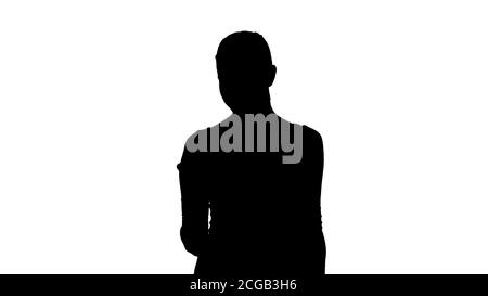 Silhouette Happy young woman with smartphone prendre photo de ses sacs. Banque D'Images