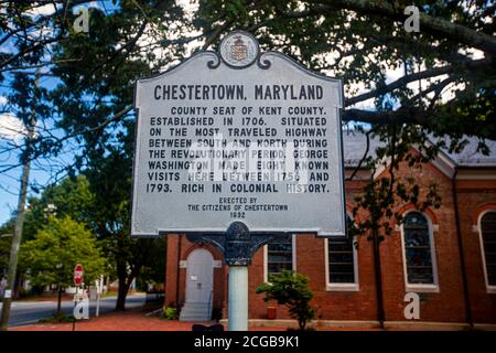 Chestertown, MD, Etats-Unis 08/30/2020: Un panneau d'époque dans le centre-ville historique de Chestertown. Le panneau fournit des informations sur la ville » Banque D'Images