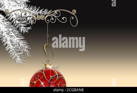 Décoration élégante de Noël 2021 de luxe avec boule rouge or sur fond noir. Carte de nouvel an minimaliste, menu festif, accueil, invitation. Place pour le texte, espace de copie. Illustration 3D. Banque D'Images