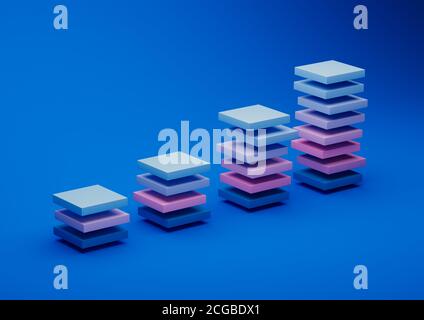 Rendu 3d abstrait, composition, fond bleu avec des objets dégradés rose et bleu. Banque D'Images