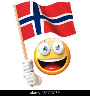 Emoji tenant le drapeau norvégien, émoticone agitant le drapeau national de Norvège rendu 3d Banque D'Images