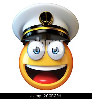 Marines chapeau emoji isolé sur fond blanc, émoticône amiral portant bleu marine cap 3d rendu Banque D'Images