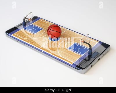Smartphone comme terrain de basket-ball, regarder en ligne, parier en ligne concept, rendu 3d Banque D'Images