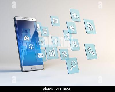 Concept d'application mobile, icônes d'application autour du rendu 3d du smartphone Banque D'Images