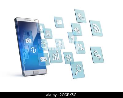 Concept d'application mobile, icônes d'application autour du rendu 3d du smartphone Banque D'Images