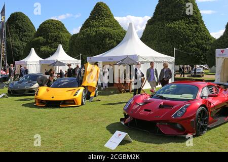 Lotus Evora, Lotus Evija et Brabham BT62R, stands professionnels, Concours of Elegance 2020, Hampton court Palace, Londres, Royaume-Uni, Europe Banque D'Images