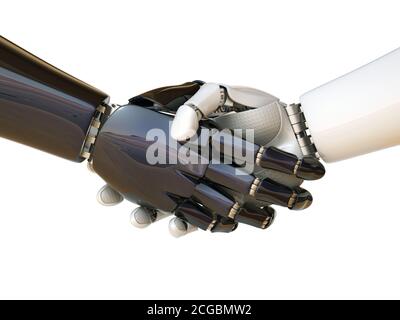 Le robot noir et blanc secoue le rendu 3d des mains Banque D'Images