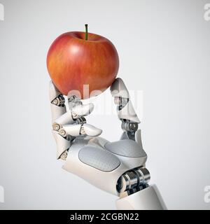 Main robotique tenant un rendu apple 3d, concept gmo, concept d'automatisation Banque D'Images